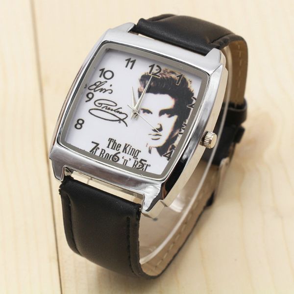 

square dial men watches leather band luxury elvis presley watches rock whisky casual vinyl record quartz analog clock, Slivery;brown