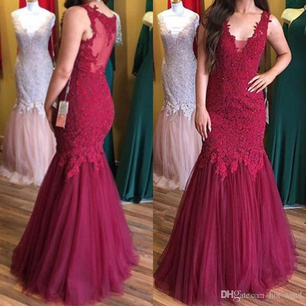 

burgundy long mermaid evening dresses v neck beaded lace applique floor length prom dress patry gown formal dress vestido de festa, Black;red