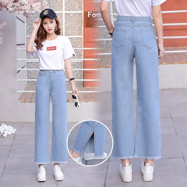 

2018 летняя одежда новый стиль корейский стиль флэш-щелевая свободные брюки сыпучие-fit для похудения капри джинсы женские, Blue