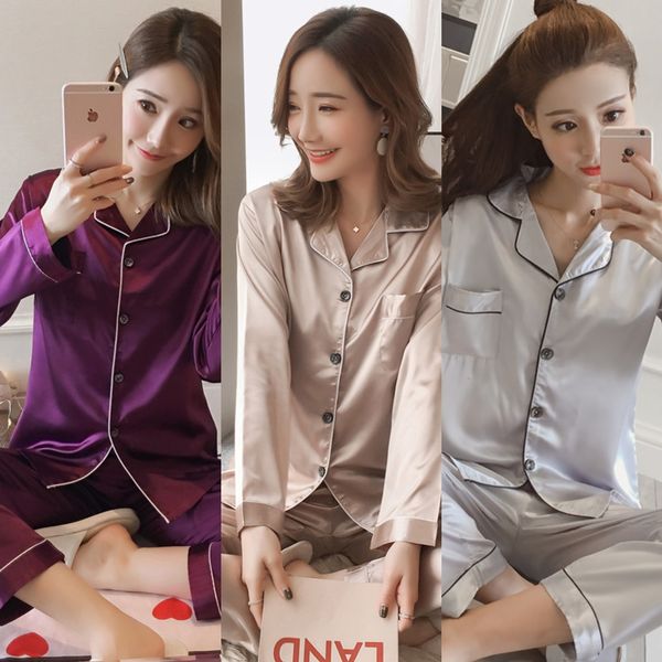 

2019 weimi show imitation silk home and pajamas trousers clothes women's cardigan long sleeve pajamas women's trousers two-piece s, Blue;red
