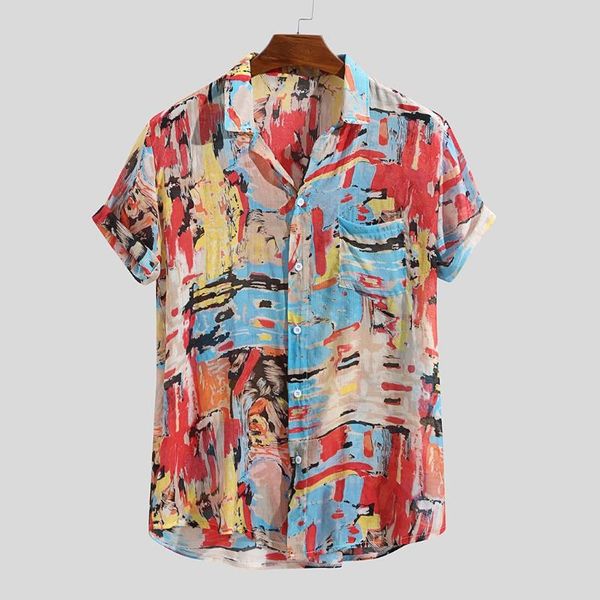 

mens breathable colorful printing button shirts loose turn down collar short sleeve shirt summer casual clothes outdoor top, White;black