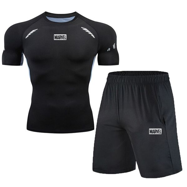 

compression set men new 2020 summer running tight quick dry fitness tshirt leggings gym sport sets running short sleeve set, Black;blue