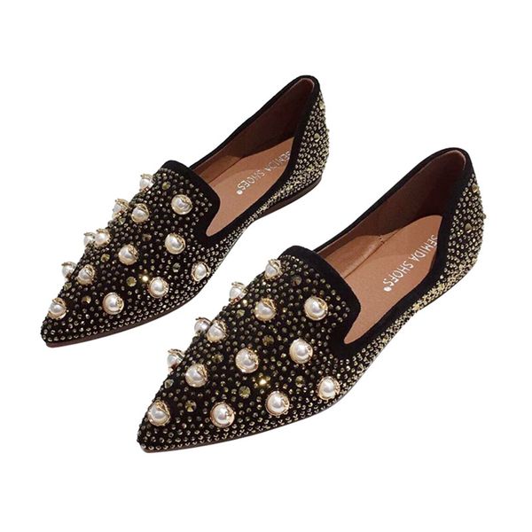 

2020 spring pearls bead flat shoes women rhinestones elegant ladies shoes casual ballerina flats pointed toe slip on loafers, Black