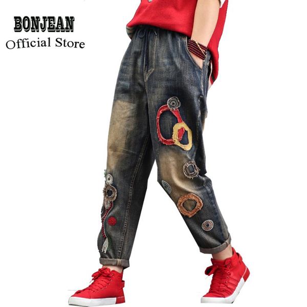 

women jeans denim pants long big loose embroidery patches retro vintage fashion casual for autumn spring az37241111, Blue
