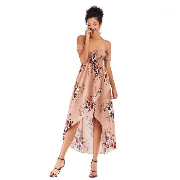 

clothing womens designer floral printed dress summer strapless slash neck chiffon dresses fashion asymmetrical casual female, Black;gray