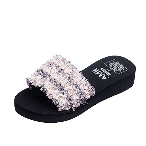 

flip-flops wear wild webbing thick bottom non-slip seaside sandals and slippers ladies summer fashion wedge heel, Black