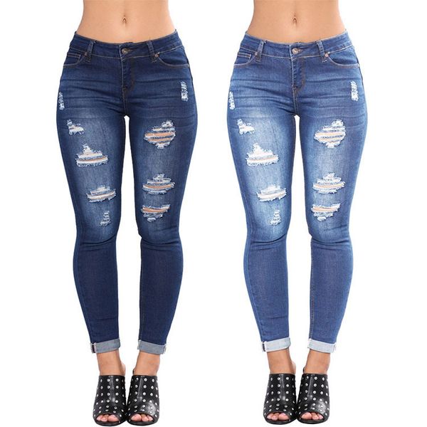 

european and american women's jeans, holes, thin jeans denim pants, Blue