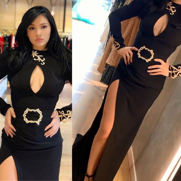 

high neck mermaid prom dresses modest front split evening dress party pageant gowns special occasion dress dubai black girl robes de soire, Black;red