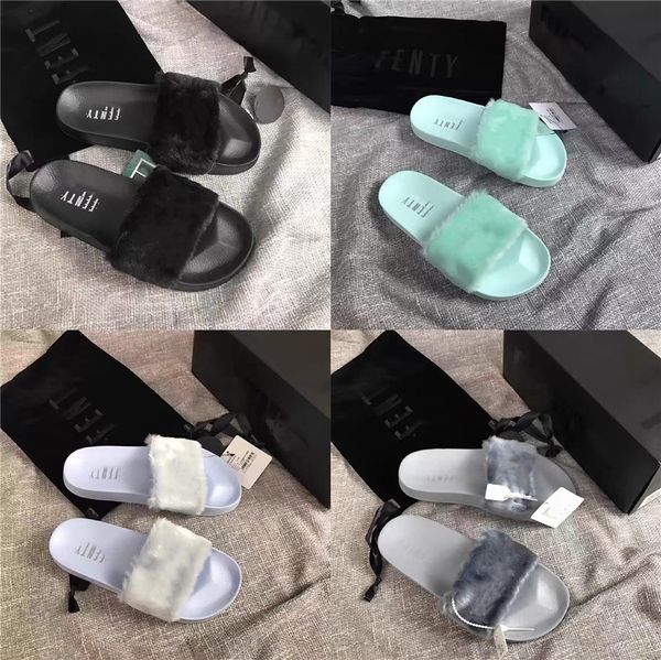 

ffy real fox fur slides women non-slip fur slippers furry flip flops flat sandals home slipper cute ffy house shoes tx-21#749, Black