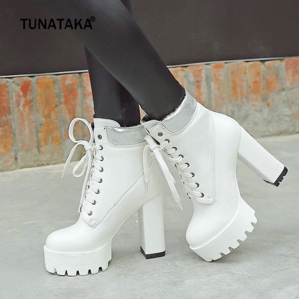 

women boots square high heel ankle boots fashion platform lace up fall winter women shoes black white orange 2018