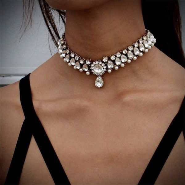 

amazon bursting necklace european and american fashion exaggerated luxury water drop gem pearl short clavicle neck chain wish, Silver