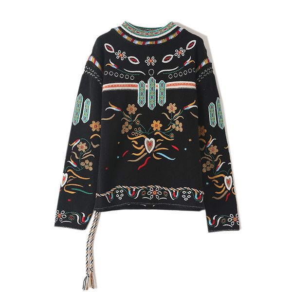 

2019 new women embroidery sweater female retro ethnic style three-dimensional jacquard half-high collar drawstring lace sweater size s-l, White;black