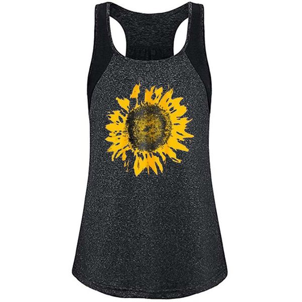 

healthy ladies fitness printing shirts women casual sleeveless sport sunflower printed workout t-shirt summer gym tunic, White