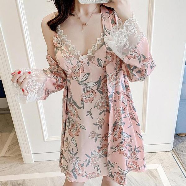 

kimono gown bathrobe satin women print nightgown 2020 new sleepwear 2pcs nighty&robe suit lace nightwear home clothes, Black;red