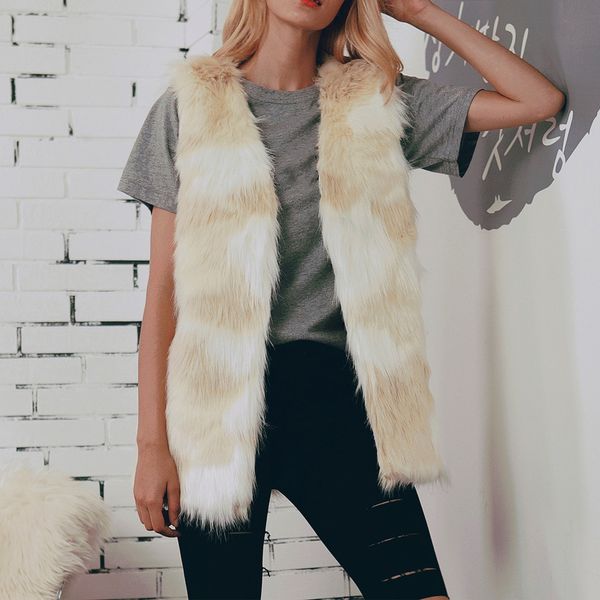 

women faux fur coat autumn winter fluffy warm sleeveless female outerwear casual long hairy jacket women's vest waistcoat, Black