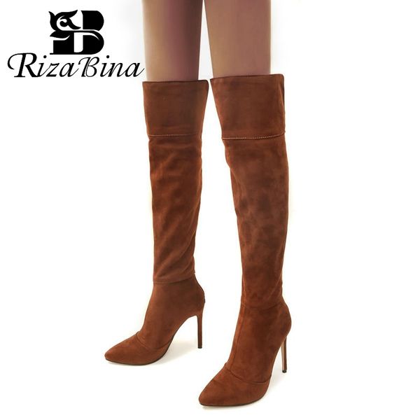 

rizabina 2020 women over the knee plus size 32-46 winter suede leather boots thin heels simple long boots women shoes foortwear, Black