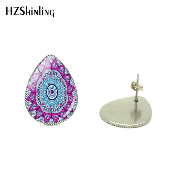 

2019 new beauty mandala flowers patterns tear drops shaped earring glass cabochon sliver mandala ladies jewelry earrings, Golden;silver