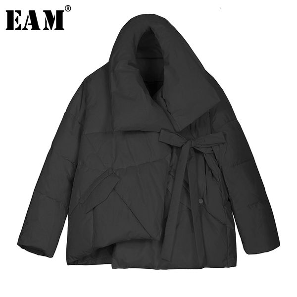 

eam] bandage black big size cotton-padded coat long sleeve loose fit women parkas fashion tide new autumn winter 2019 1m363