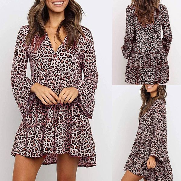 

2020 новой весна платье женщин мода leopard фонарики половина рукав v-образный вырез драпированных лёгкий струящегося качели сдвига платье п, Black;gray