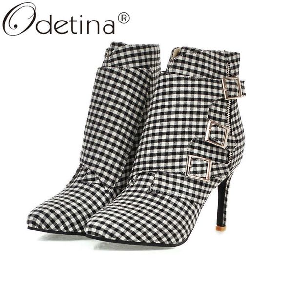 

odetina womens buckle strap ankle boots plaid autumn fashion dress shoes stiletto high heel booties winter zip up elegant, Black