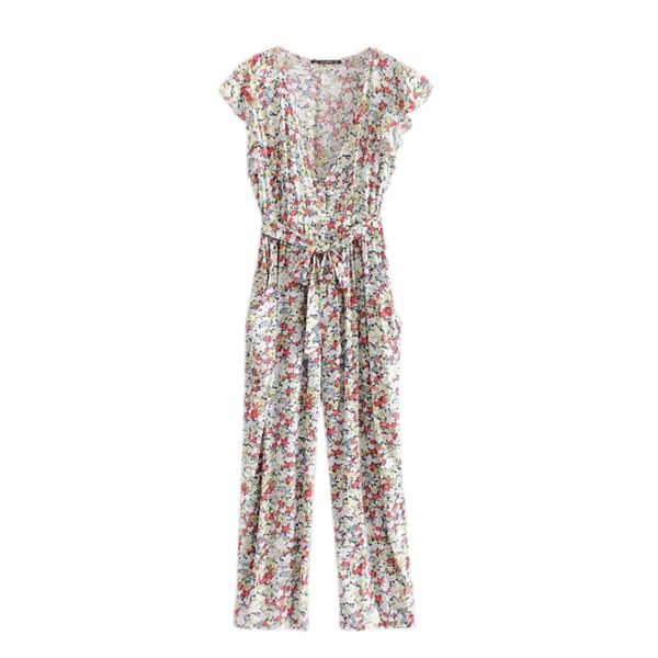 

women flower print v neck long jumpsuits sleeveless sashes pockets decoration female casual chic playsuits ffzlt31, Black;white