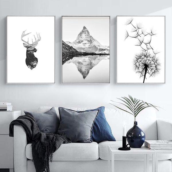 

black and white lake mountain poster dandelion wall art canvas print abstract painting nordic wall pictures living room decor