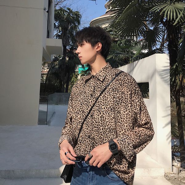 

new male women japan korea streetwear hip hop loose dress shirts men retro fashion leopard long sleeve casual long sleeve shirt, White;black