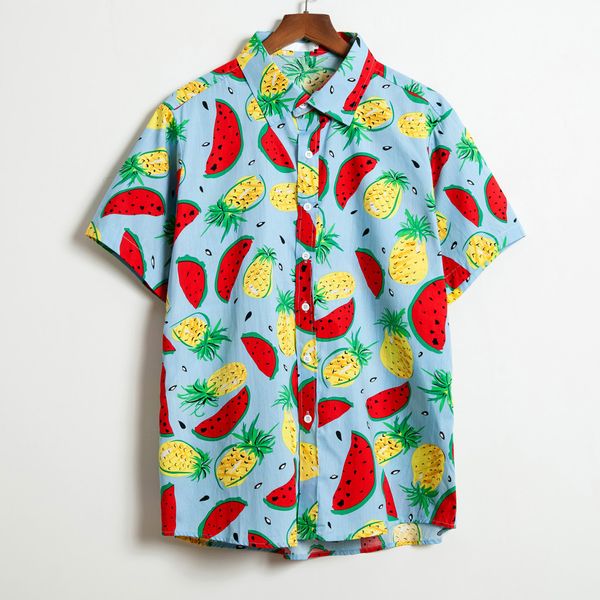 

hawaiian mens shirt casual short sleeve shirt men streetwear lump chest button round hem loose male blouse camisa masculina, White;black