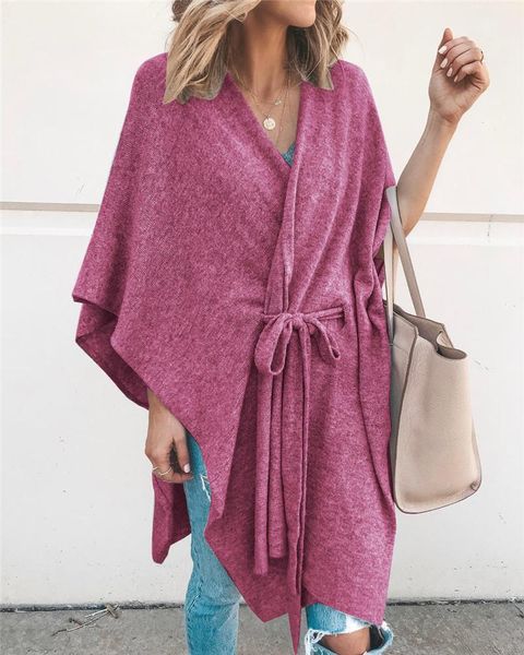 

designer v neck capes fashion colors batwing sleeve cardigan cape with belt casual bathing foulard womens, Black