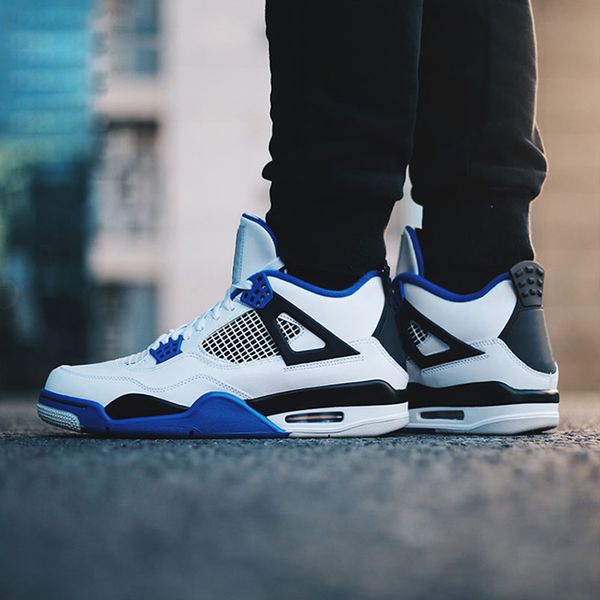 

whoesale 4 4s motosports men basketball shoes blue white 4s athletic men sports shoes trainer outdoor athletics sneakers size 41-47