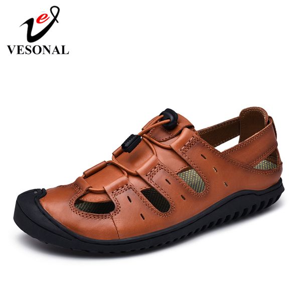 

vesonal 2019 new summer genuine leather men's sandals shoes casual fashion comfortable male footwear handmade quality sandalias, Black