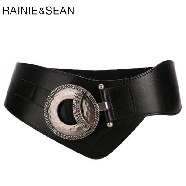 

rainie sean black cummerbunds for women real leather wide belts waist female brand genuine cow leather ladies elastic belt dress y191207, Slivery;black