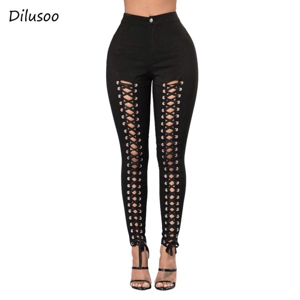 

dilusoo women bandage jeans pants high waist pencil pants solid high elastic denim jeans casual 4 season female trousers, Blue