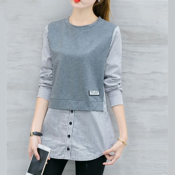 

женщины блузы женские дизайнер tops 2019 осень корейский рубашка с длинным рукавом женщины топы повседневная полосатый лоскутная поддельный, White