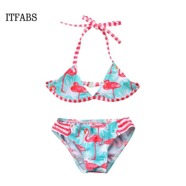 

2019 new cute summer kids baby girl lace up flamingo printed bikini set suit bandage swimsuit swimwear outfits set costume