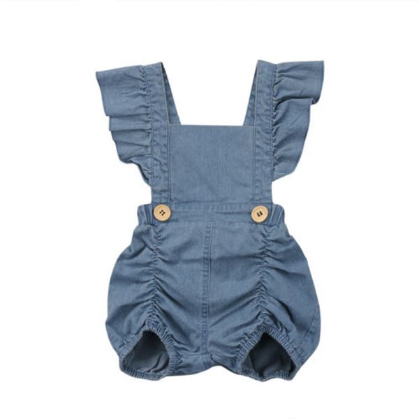 

summer newborn baby girl summer ruffles romper kid jumpsuit denim jeans sunsuit outfits baby clothing, Blue