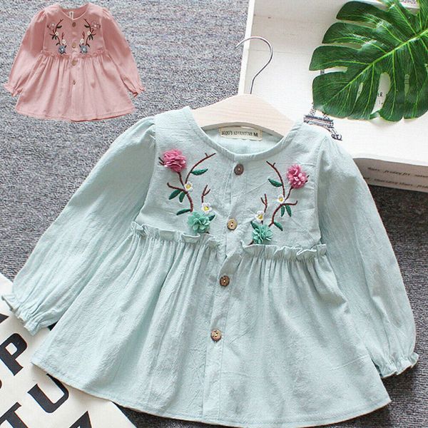 Children Kids Girls Spring Flower Casual Cotton Long Sleeves Printed Dresses