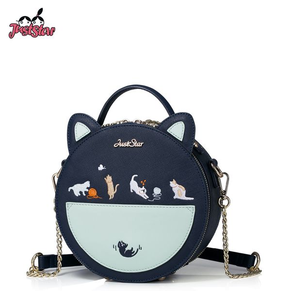 

just star women's leather handbags ladies fashion embroidery cartoon cat shoulder tote purse female chains small messenger bags