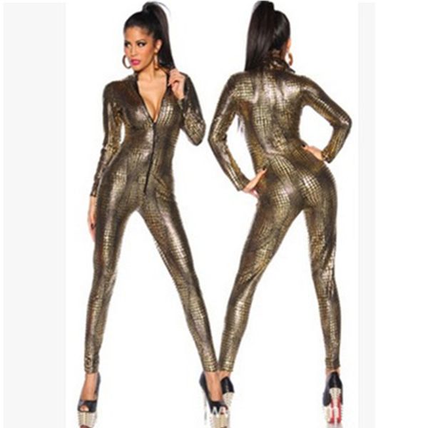 

metallic snake skin bodycon jumpsuit women long sleeve front zip golden black bodysuit lady faux leather catsuit playsuits, Black;white