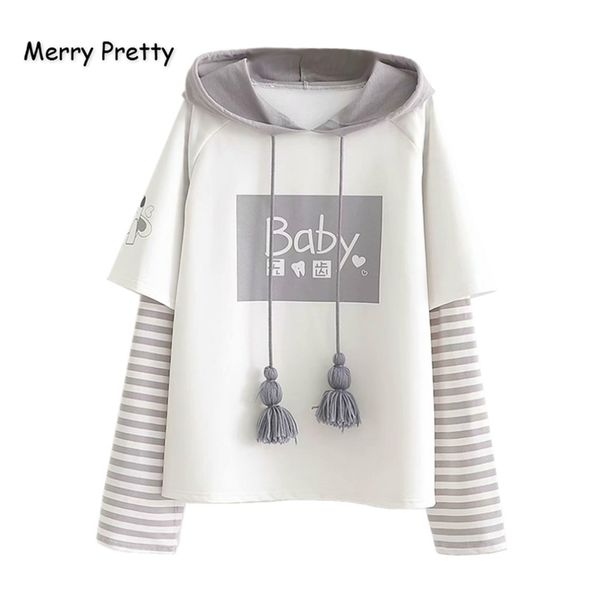 

merry довольно хлопок женщины письма печати полосатых заплатки толстовка фуфайки 2019 winter длинного рукав с капюшоном пуловера tracksuit, Black