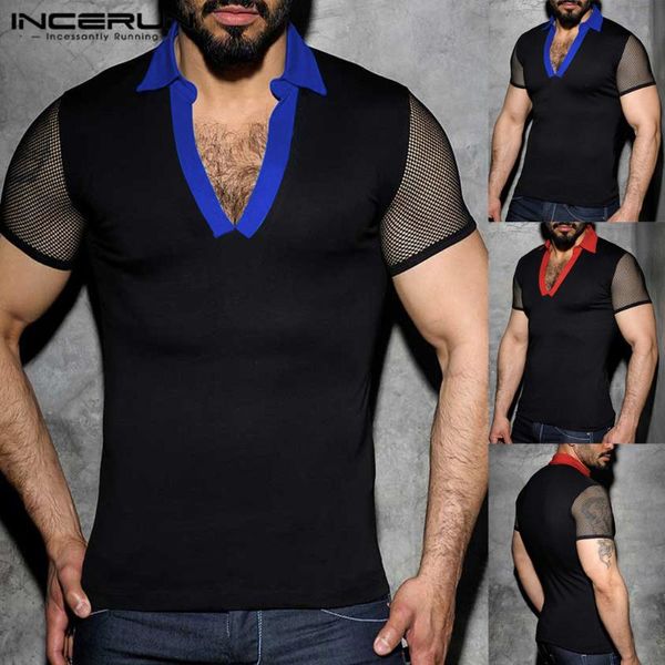 

incerun мужчины лоскутные футболки повседневная с коротким рукавом лацкан футболка мужская мода тонкий сетки сексуальный фитнес блузка лето, White;black