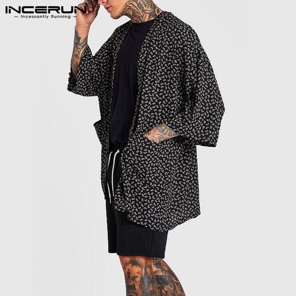 

men's casual shirts incerun men fashion printed half sleeve cardigan pockets loose kimono floral camisa man summer open stitch blusas, White;black