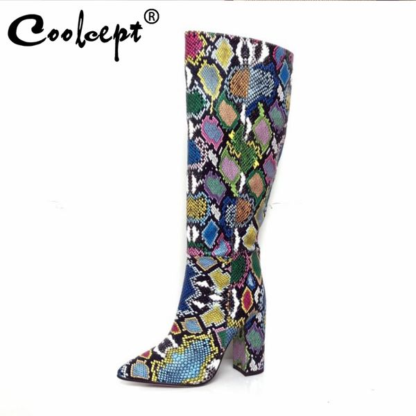 

coolcept winter women long boots fashion colorful snake print shoes women warm fur high heels pointed toe footwear size 34-43, Black