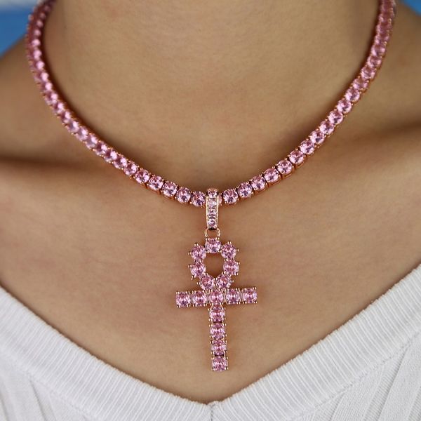

new hip hop pink ankh cross pendant iced out 5mm cubic zirconia tennis chains necklace for fashion hiphop necklace jewelry gift