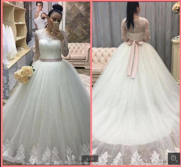 

vestido de noiva vintage white lace ball gown long sleeve wedding dresses 2020 lace princess puffy sleeveless sashes bridal gowns sale