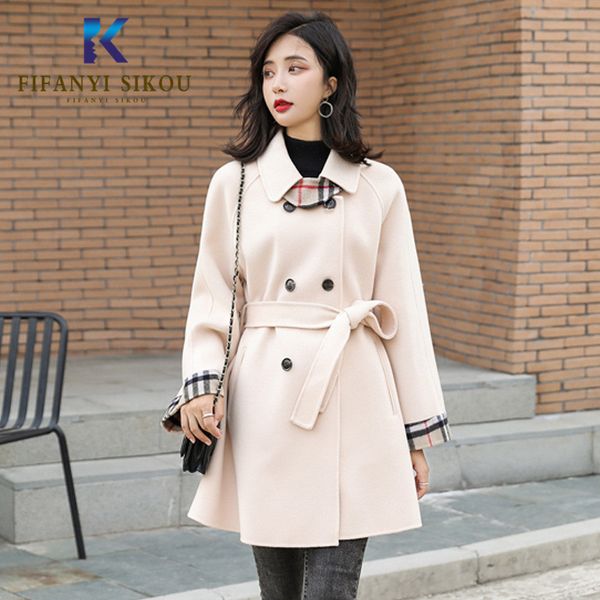

women long wool coat warm overcoat plaid spliced double breasted wool blend winter coat women loose plus size coats, Black