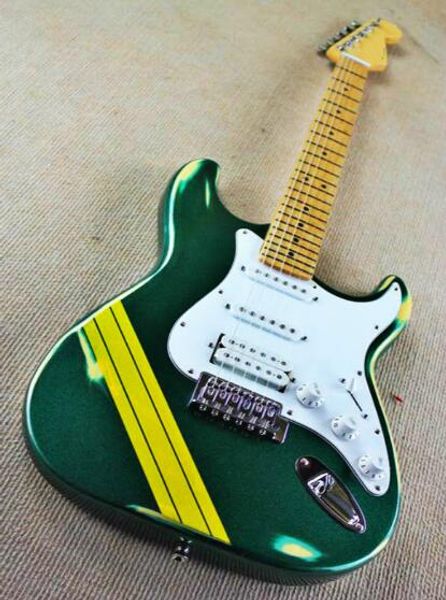 

wholesale antique do old metal green color yellow strips solid body white pickguard electric guitar 190905