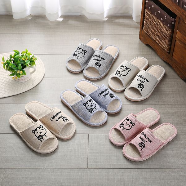 

new lucky cat flax slippers summer couple indoor men and women cute cartoon floor anti-slip cool slippers indoor shoes, Black