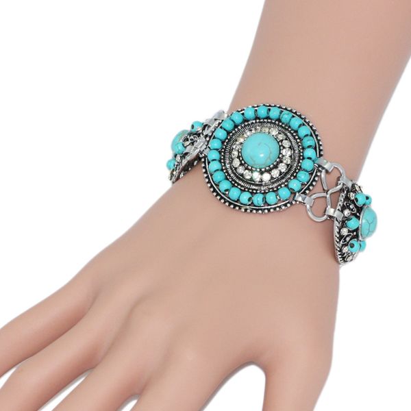 

bohemian jewelry blue turquoise bracelets for women silver link chain bead bracelet with stones retro vintage jewelry brtj29, Golden;silver
