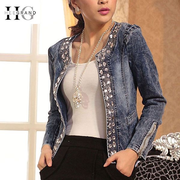 

hee grand jeans jackets women chaqueta mujer autumn denim jacket casaco women crystal slim short outwear plus size s-4xl wwj920, Black;brown